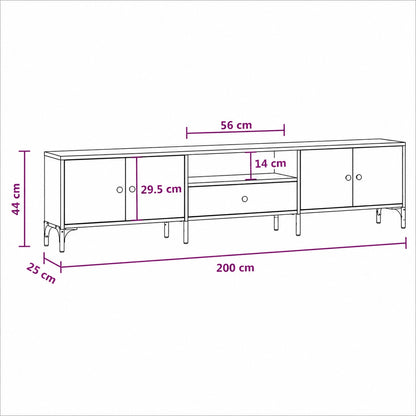 Dimensions du meuble TV moderne avec rangement noir, largeur 200 cm et profondeur 25 cm