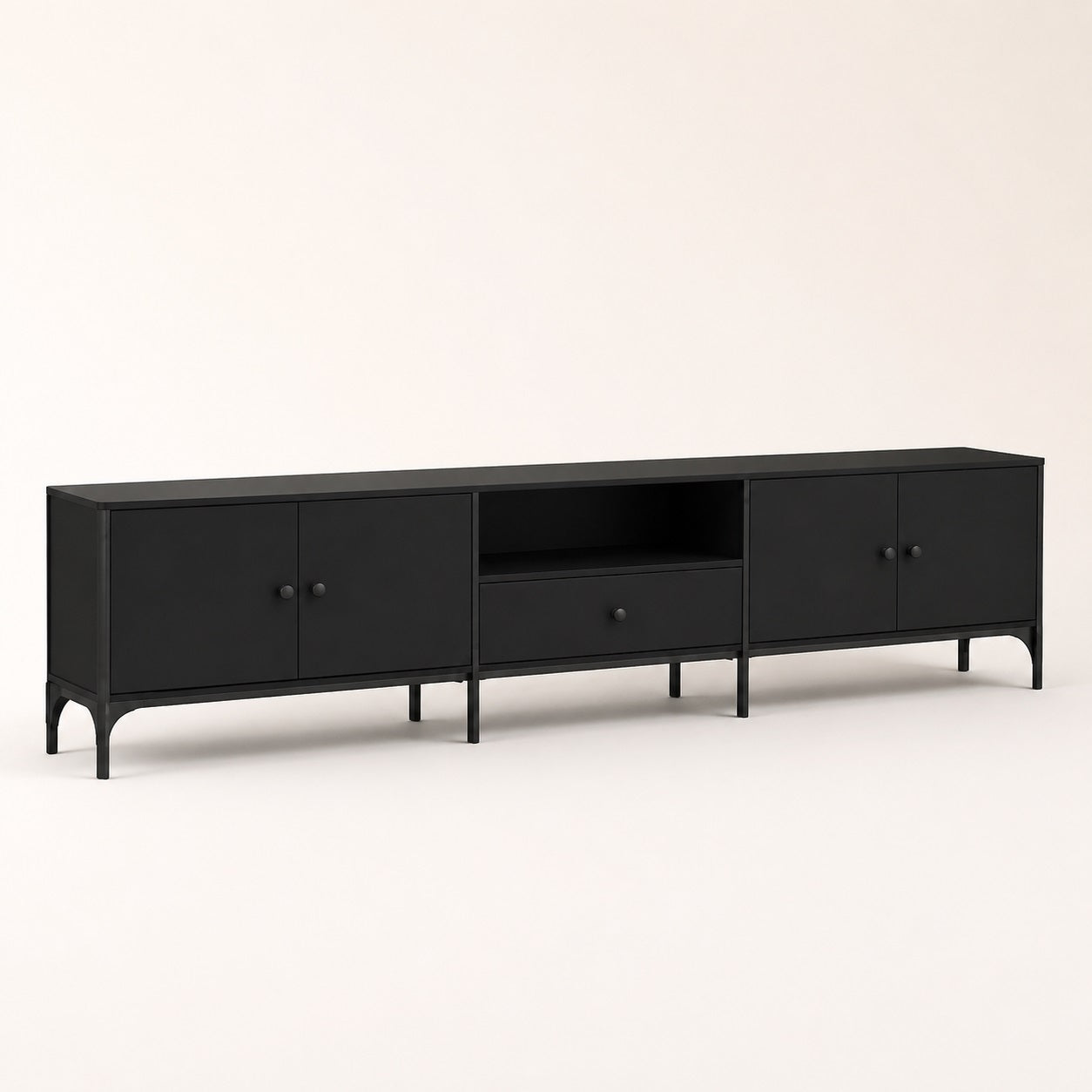 Meuble TV moderne noir avec rangement, design minimaliste avec portes et tiroir central