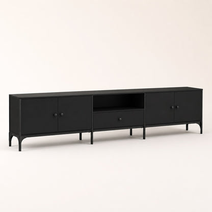Meuble TV moderne noir avec rangement, design minimaliste avec portes et tiroir central