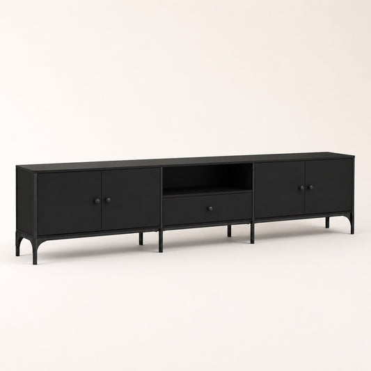 Meuble TV moderne noir avec rangement, design minimaliste avec portes et tiroir central