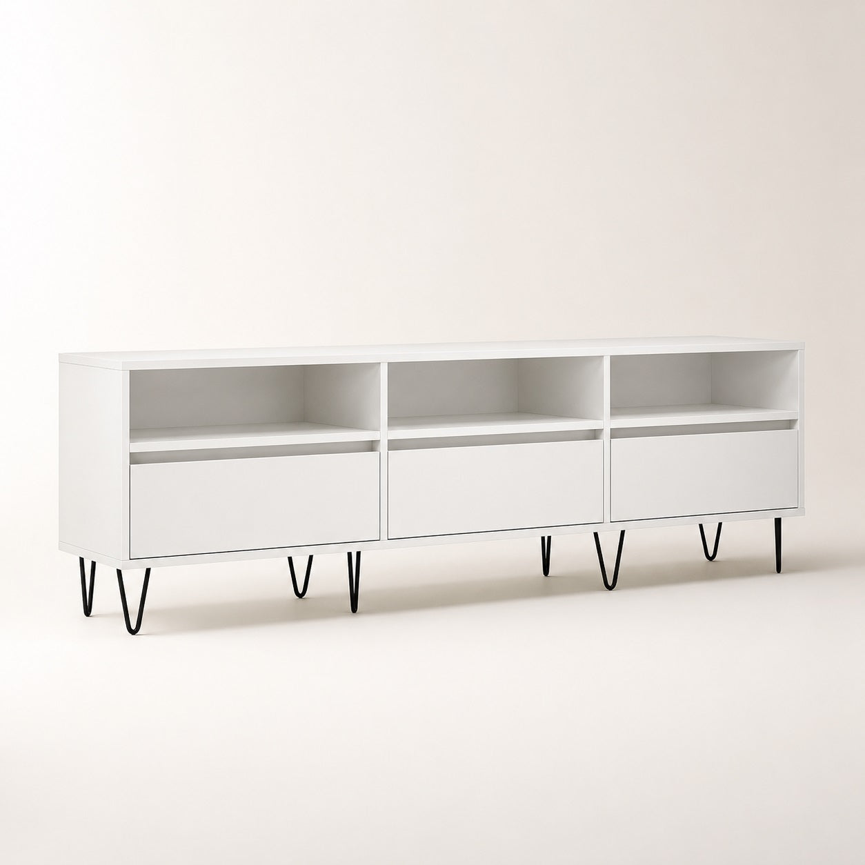 Meuble TV moderne blanc avec rangement, 3 compartiments ouverts et tiroirs spacieux