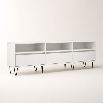 Meuble TV moderne blanc avec rangement, 3 compartiments ouverts et tiroirs spacieux