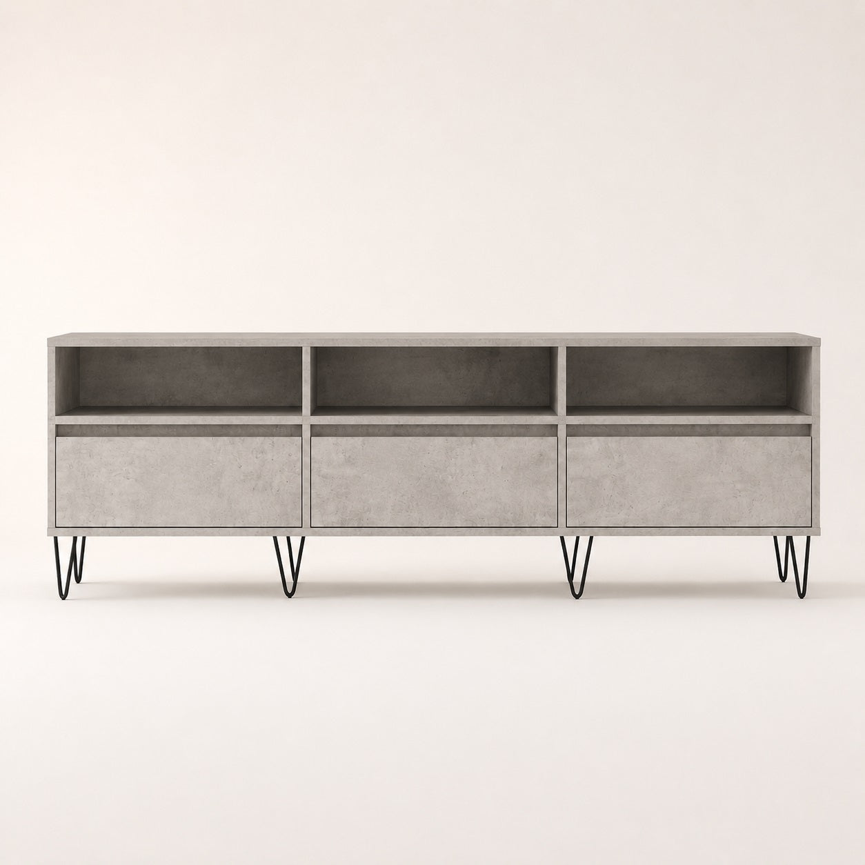 Vue de face d’un meuble TV moderne gris avec rangement et trois niches ouvertes