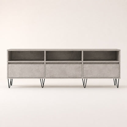 Vue de face d’un meuble TV moderne gris avec rangement et trois niches ouvertes