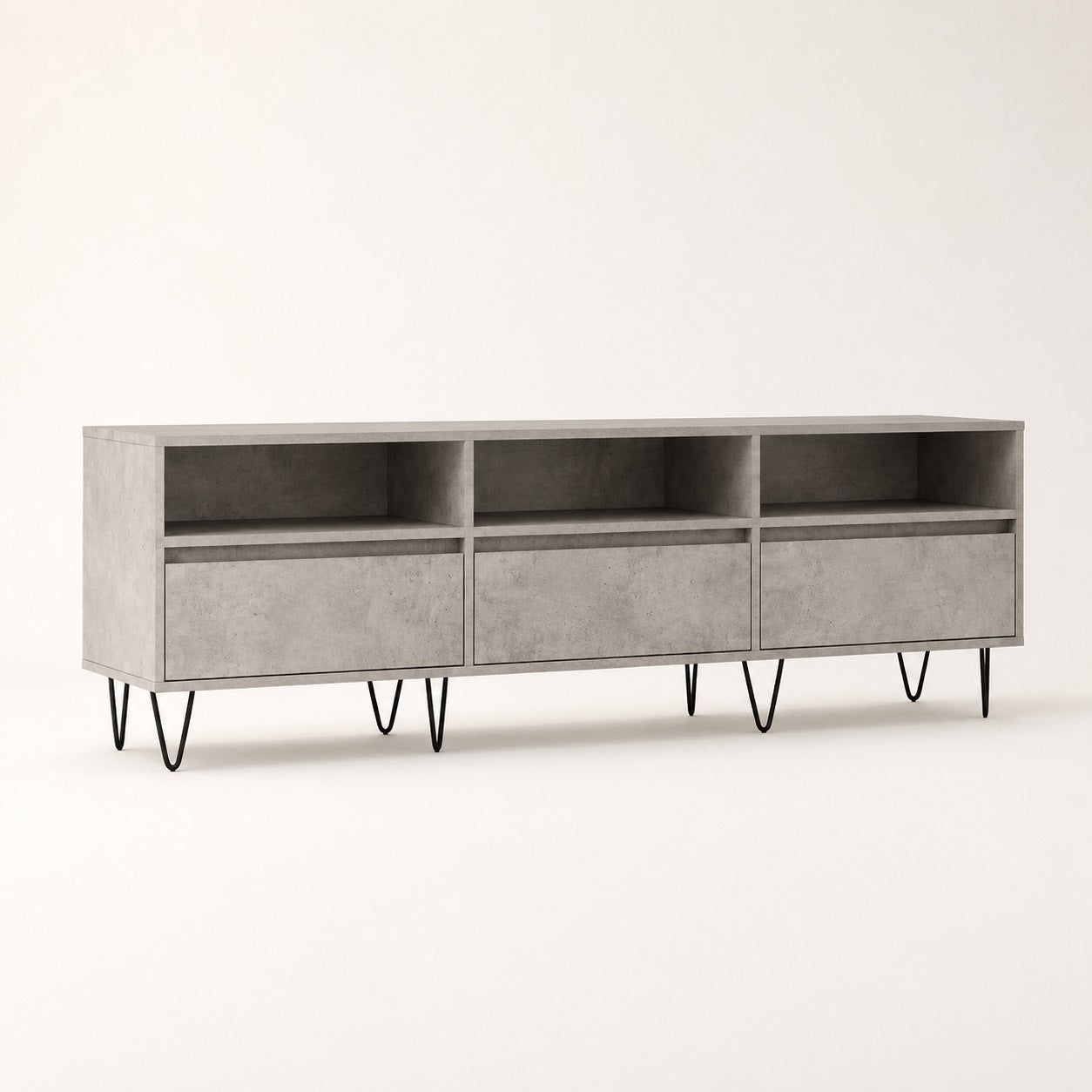 Meuble TV moderne gris béton avec rangement, design industriel et pieds métalliques