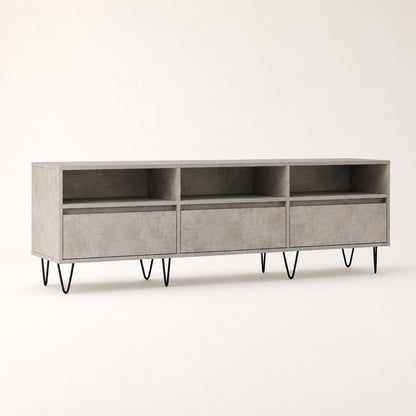Meuble TV moderne gris béton avec rangement, design industriel et pieds métalliques