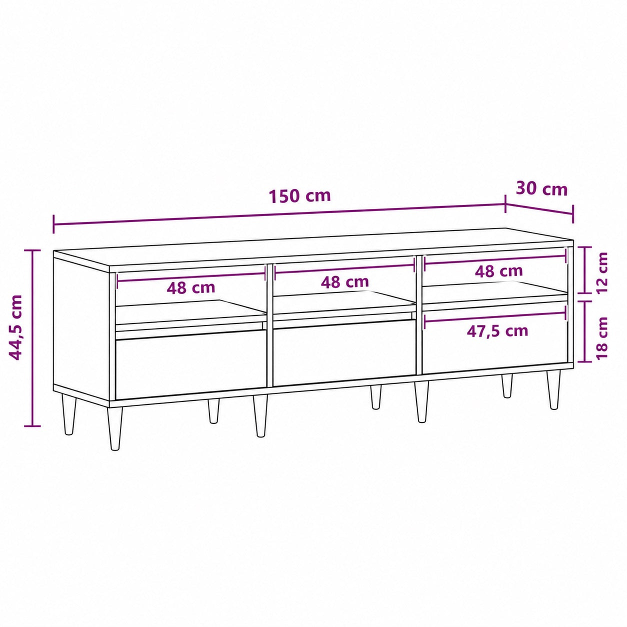 Dimensions du meuble TV moderne avec rangement 150 cm de large et 3 compartiments