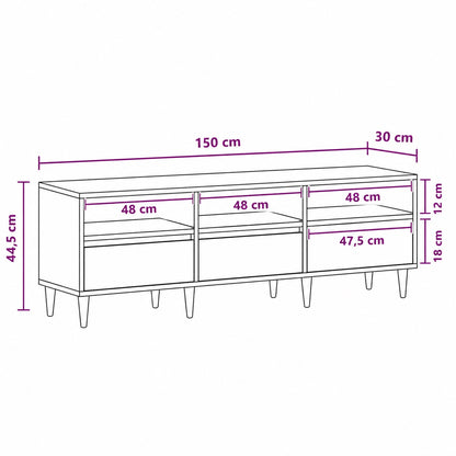 Dimensions du meuble TV moderne avec rangement 150 cm de large et 3 compartiments
