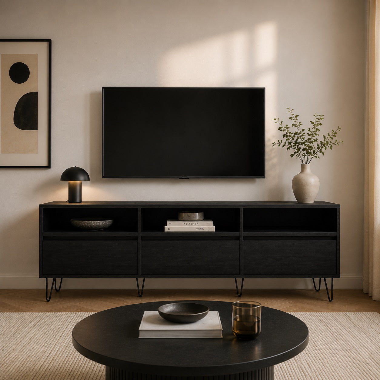 Meuble TV moderne noir avec rangement, grand modèle design pour salon contemporain