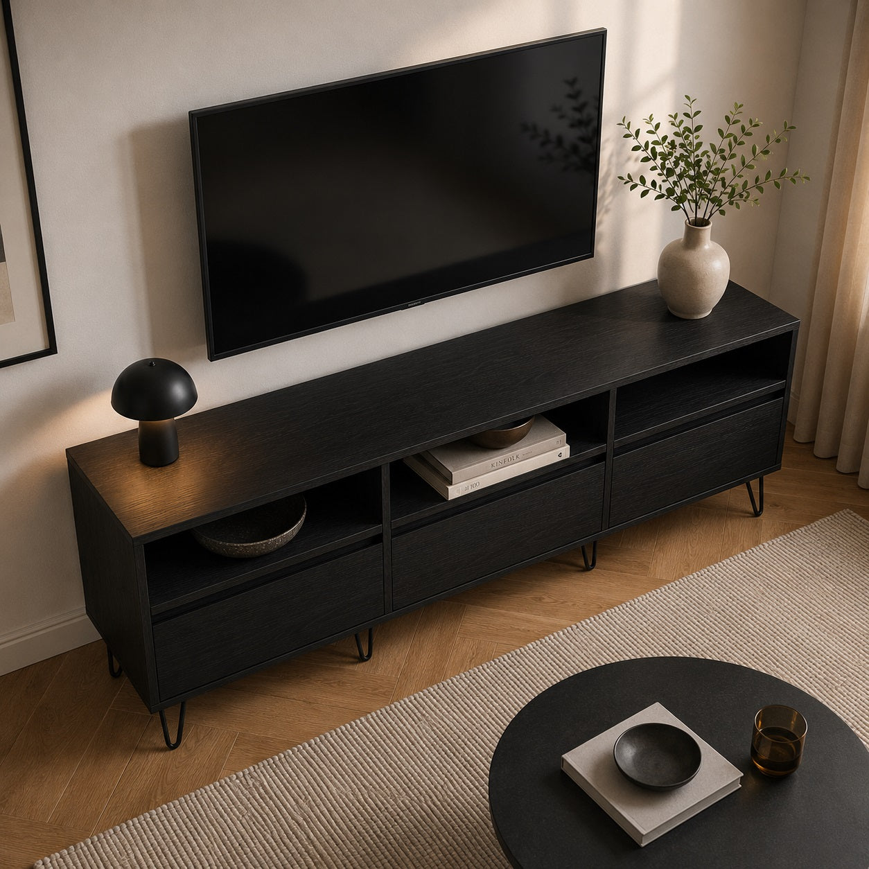 Meuble TV moderne noir avec rangement dans salon design, vue en plongée élégante