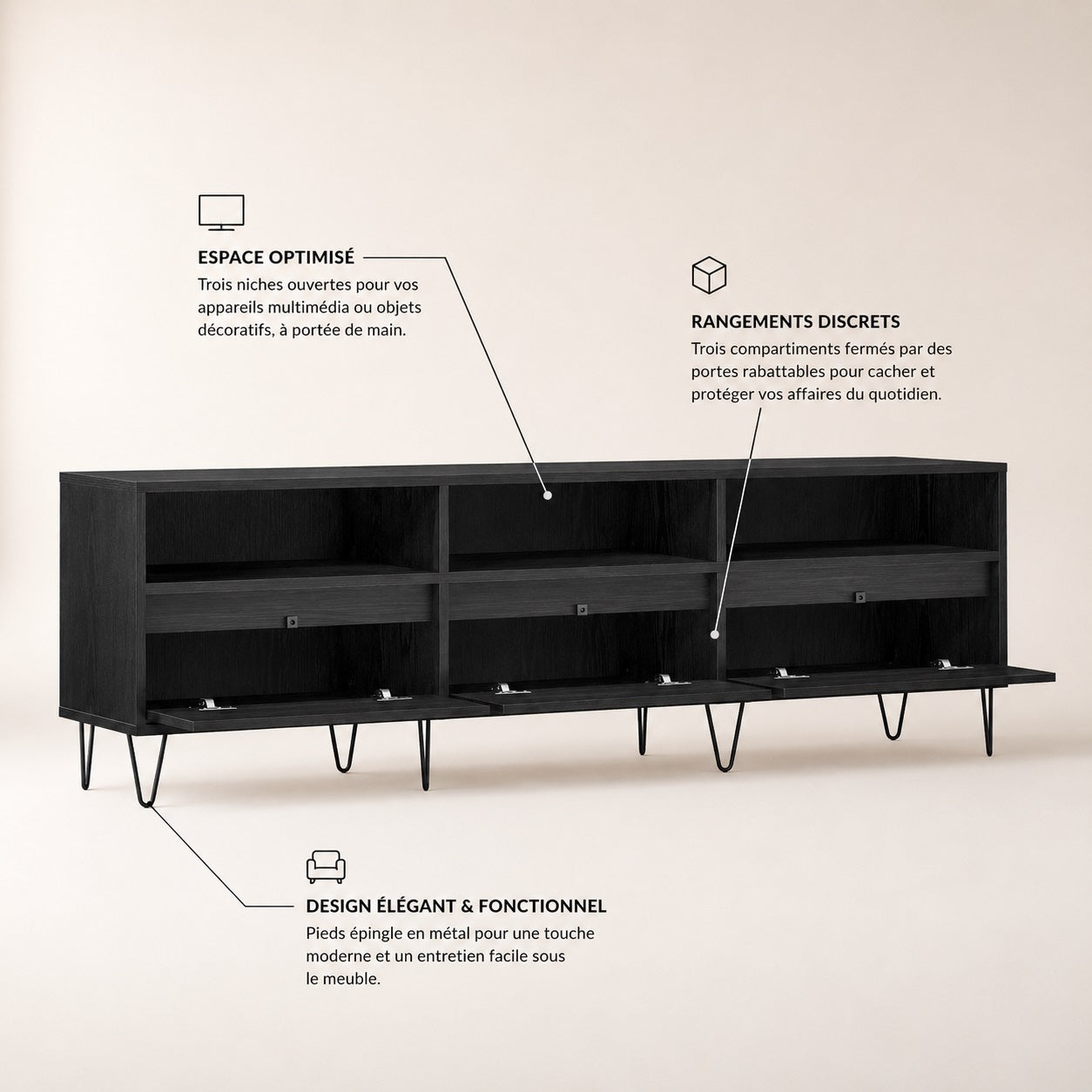 Meuble TV moderne avec rangement, portes abattantes et niches multimédias pratiques