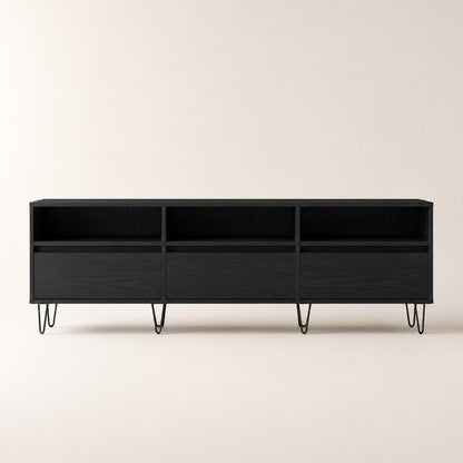 Vue de face d’un meuble TV moderne noir avec rangement et trois compartiments ouverts
