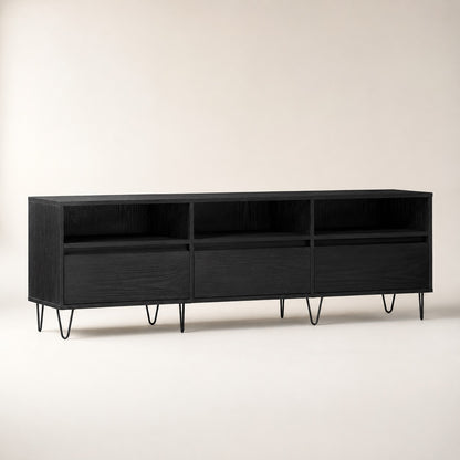 Meuble TV moderne noir avec rangement, style contemporain et pieds métalliques noirs