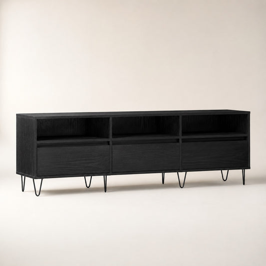 Meuble TV moderne noir avec rangement, style contemporain et pieds métalliques noirs