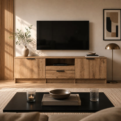 Meuble TV bois avec rangement en chêne artisanal, design contemporain pour salon élégant.