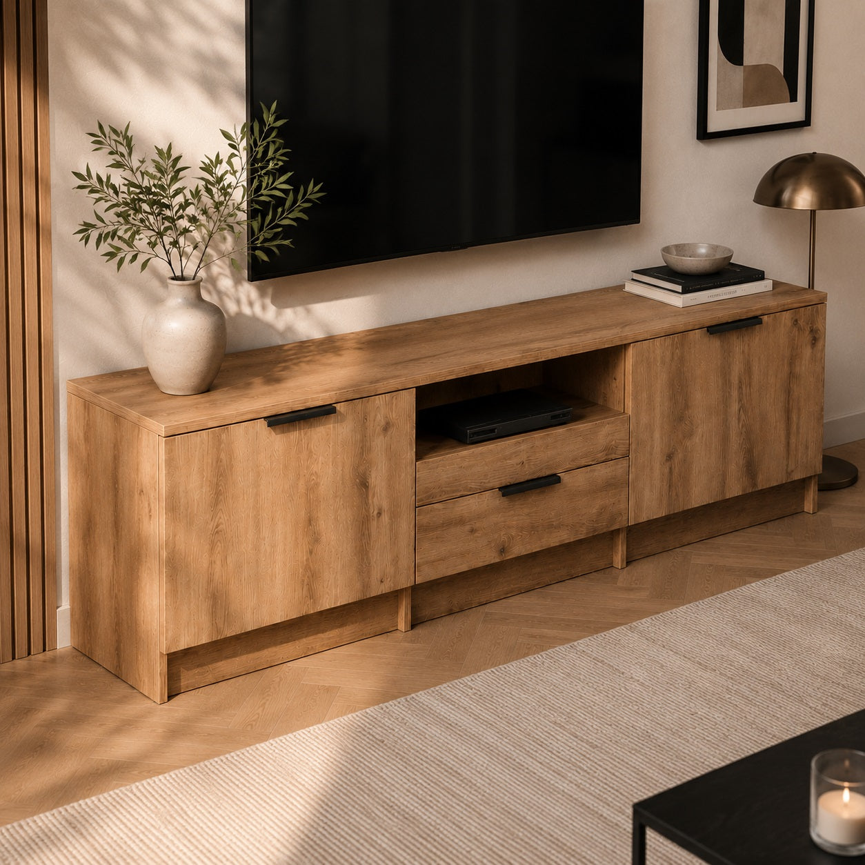 Meuble TV bois avec rangement Kano, grand format et finition chêne artisanal authentique.