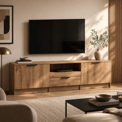 Meuble TV bois avec rangement Kano dans un salon moderne, finition chêne artisanal chaleureuse.