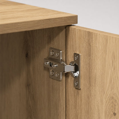 Charnière métallique du meuble TV bois Kano avec rangement, conception soignée et durable.