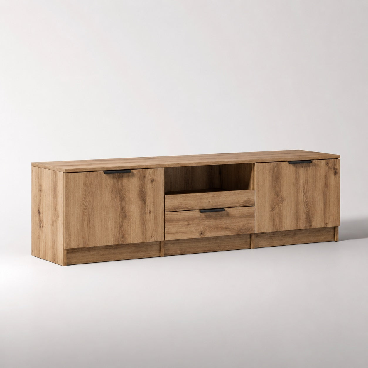 Meuble TV bois Kano avec rangement, finition chêne artisanal, 2 portes, 1 tiroir et niche multimédia.