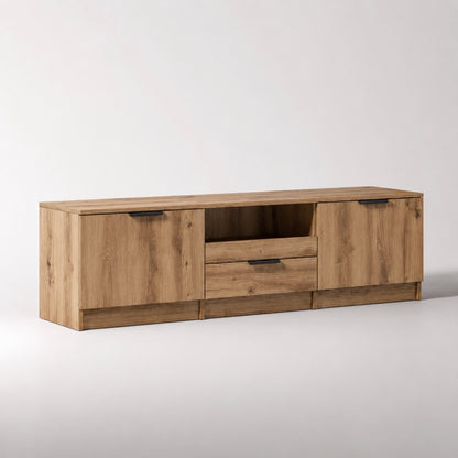 Meuble TV bois Kano avec rangement, finition chêne artisanal, 2 portes, 1 tiroir et niche multimédia.