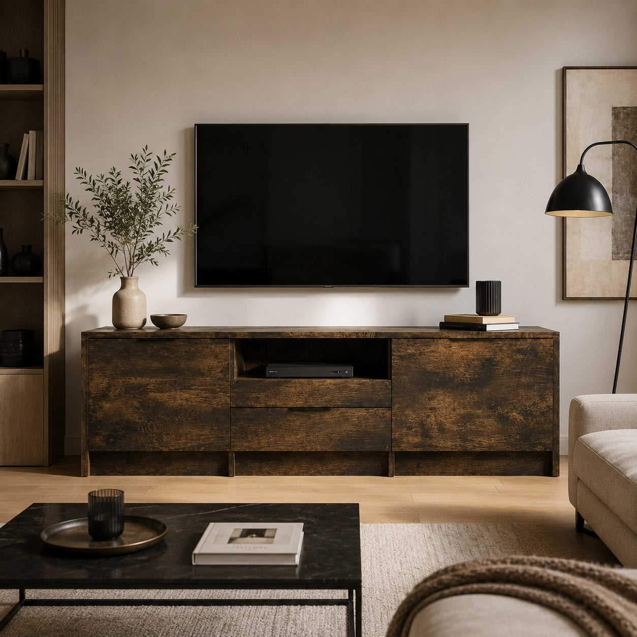 Meuble TV bois avec rangement Kano chêne fumé dans un salon contemporain et chaleureux.