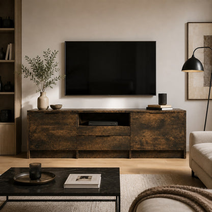Meuble TV bois avec rangement Kano chêne fumé dans un salon contemporain et chaleureux.
