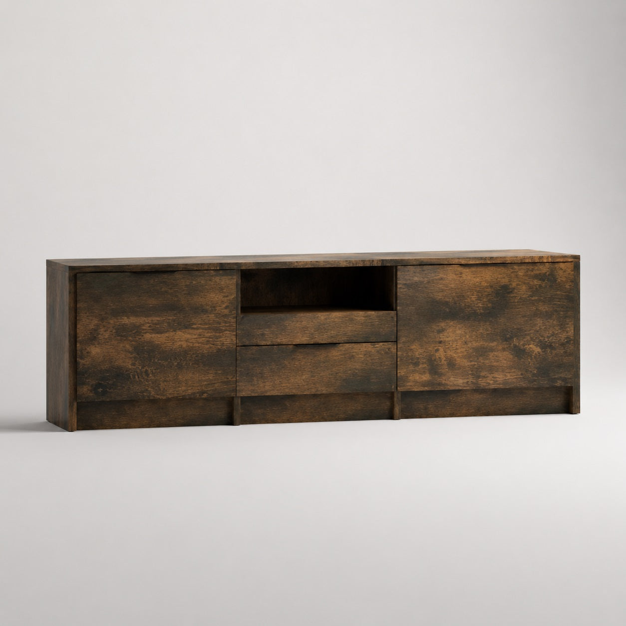 Meuble TV bois Kano avec rangement, finition chêne fumé, niche centrale et tiroir intégré.