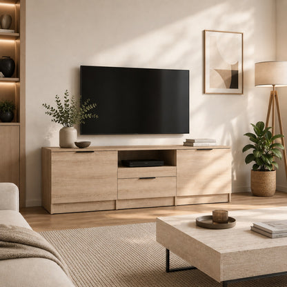 Meuble TV bois avec rangement Kano en chêne sonoma dans un salon lumineux et moderne.