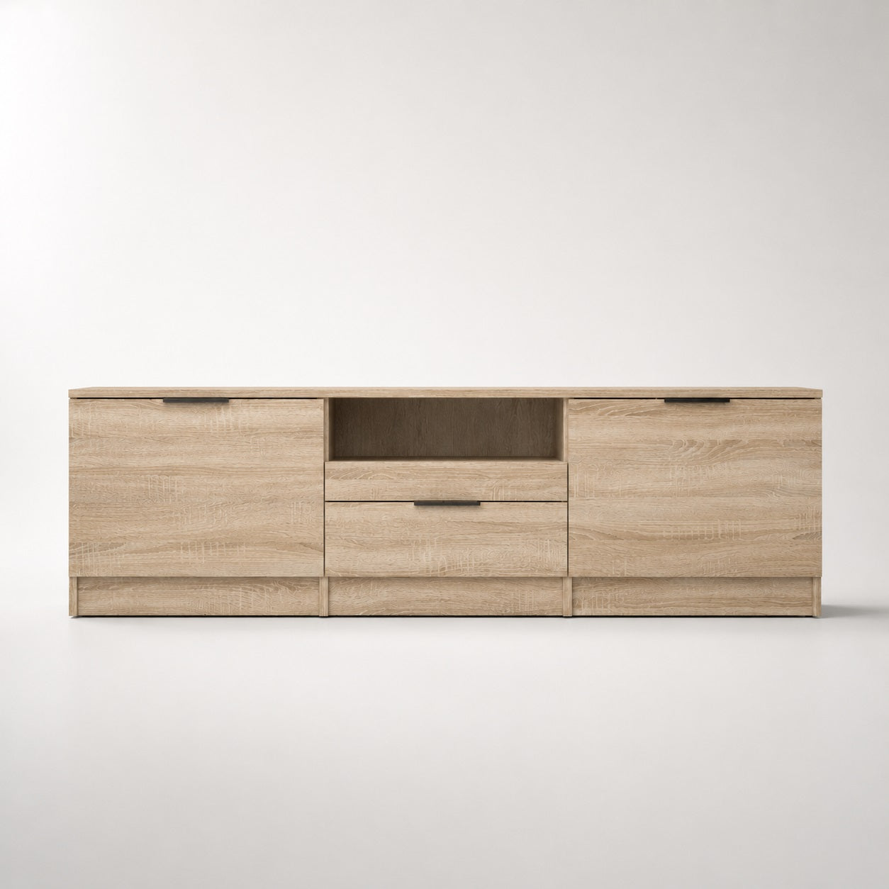 Vue de face du meuble TV bois Kano avec rangement, finition chêne sonoma et niche ouverte.