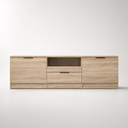 Vue de face du meuble TV bois Kano avec rangement, finition chêne sonoma et niche ouverte.
