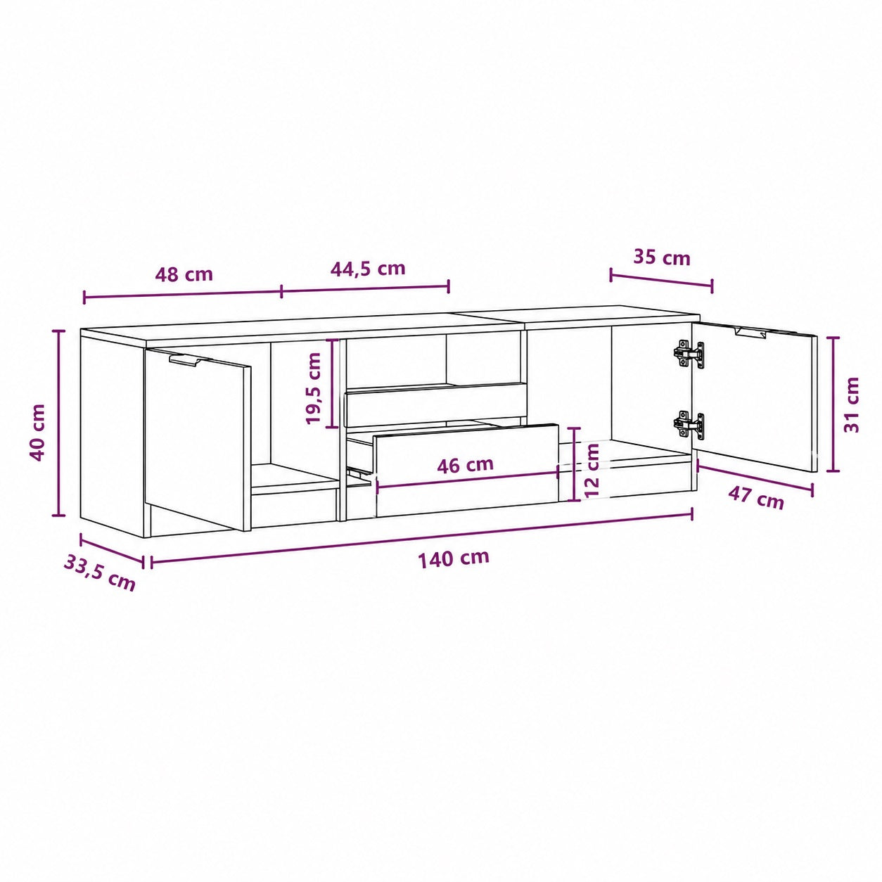 Dimensions du meuble TV bois Kano avec rangement, largeur 140 cm et espaces de stockage.