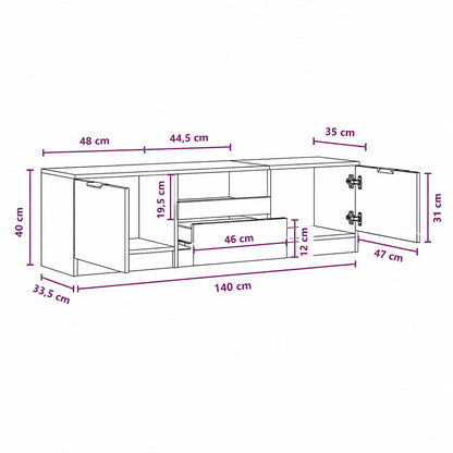 Dimensions du meuble TV bois Kano avec rangement, largeur 140 cm et espaces de stockage.