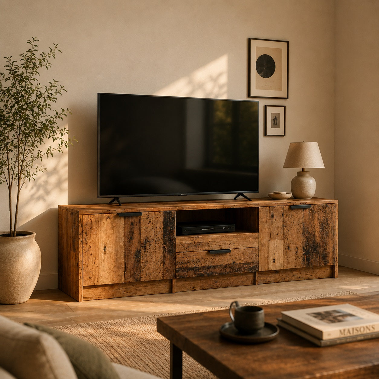 Meuble TV bois avec rangement Kano finition vieux bois dans un salon au style authentique.