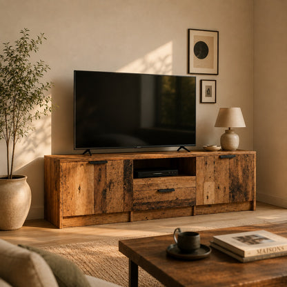Meuble TV bois avec rangement Kano finition vieux bois dans un salon au style authentique.
