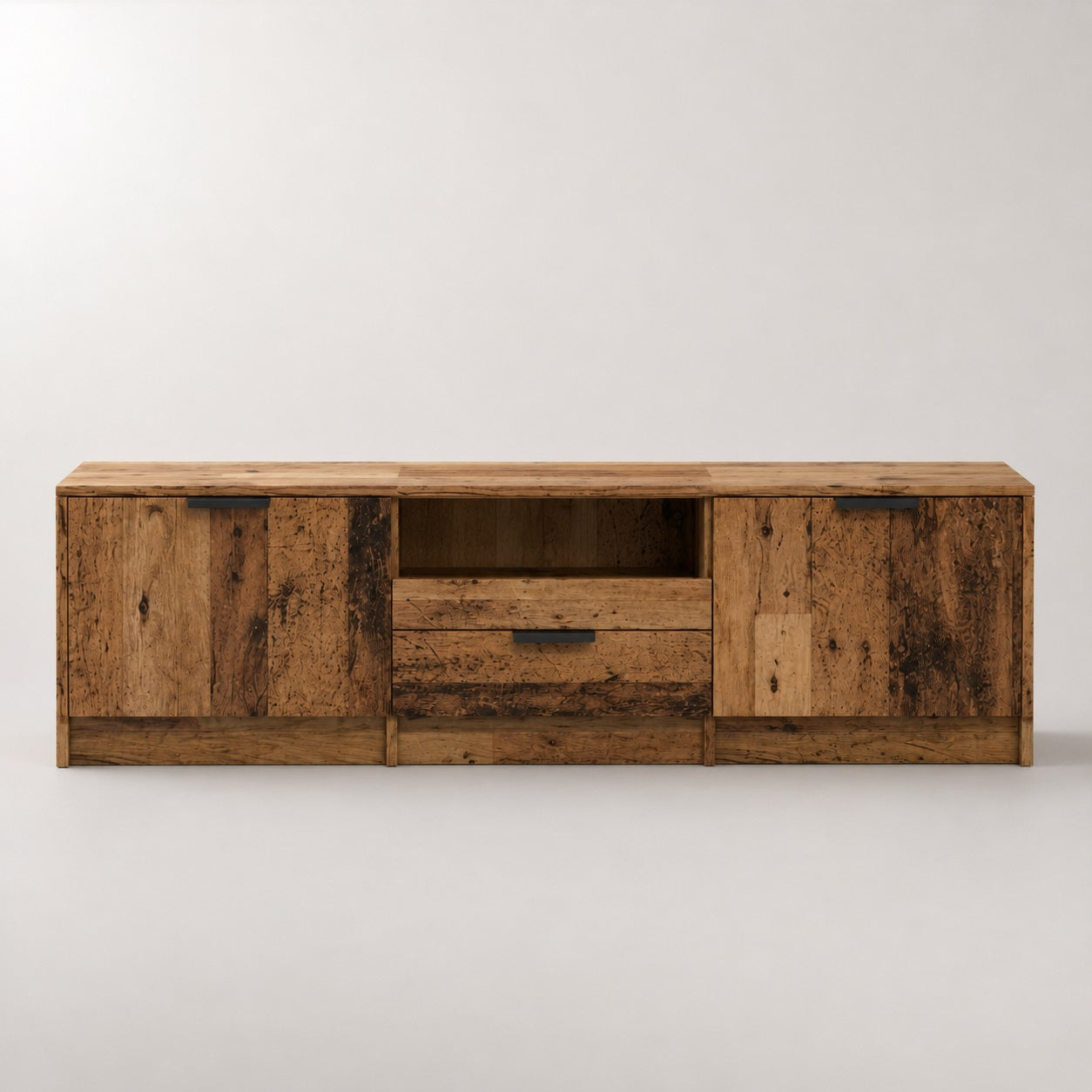 Vue de face du meuble TV bois Kano avec rangement, finition vieux bois et design rustique.