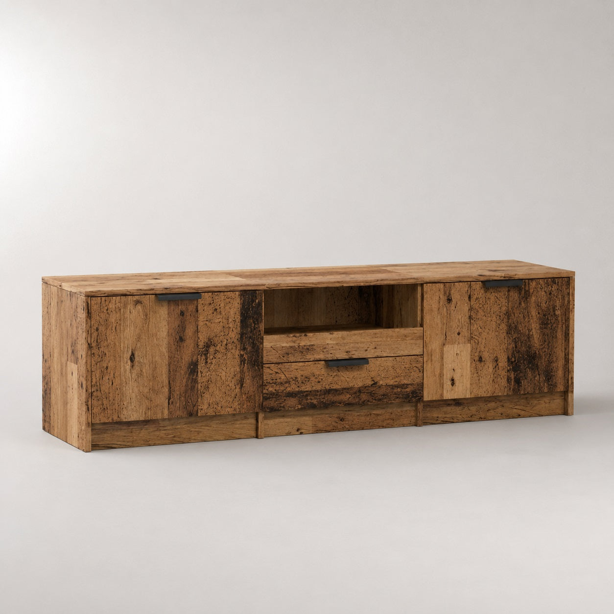Meuble TV bois Kano avec rangement, finition vieux bois, tiroir central et niche multimédia.