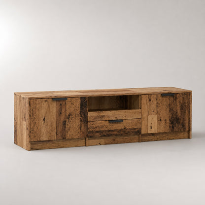 Meuble TV bois Kano avec rangement, finition vieux bois, tiroir central et niche multimédia.