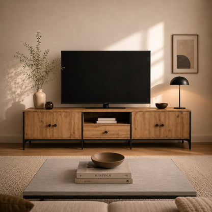 Grand meuble TV en bois avec rangement, idéal pour un salon moderne et organisé