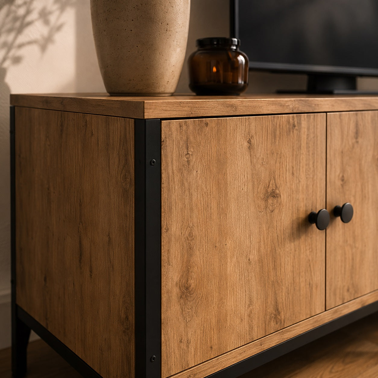 Gros plan sur meuble TV en bois avec rangement et finition chêne artisanal authentique