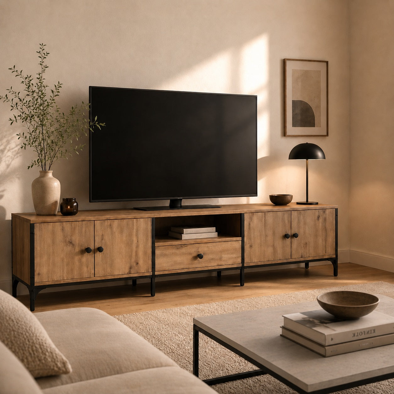 Meuble TV en bois avec rangement dans un salon chaleureux au style industriel contemporain