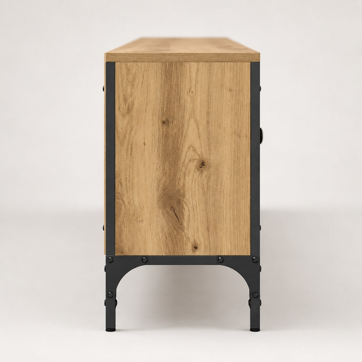 Vue latérale du meuble TV en bois avec rangement et structure métallique robuste