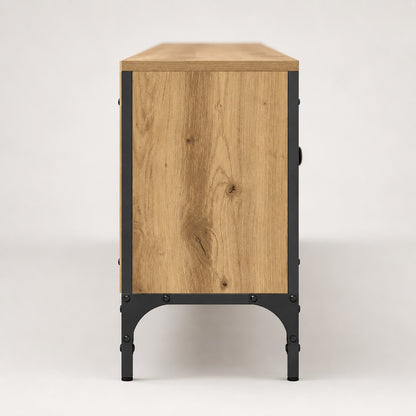Vue latérale du meuble TV en bois avec rangement et structure métallique robuste
