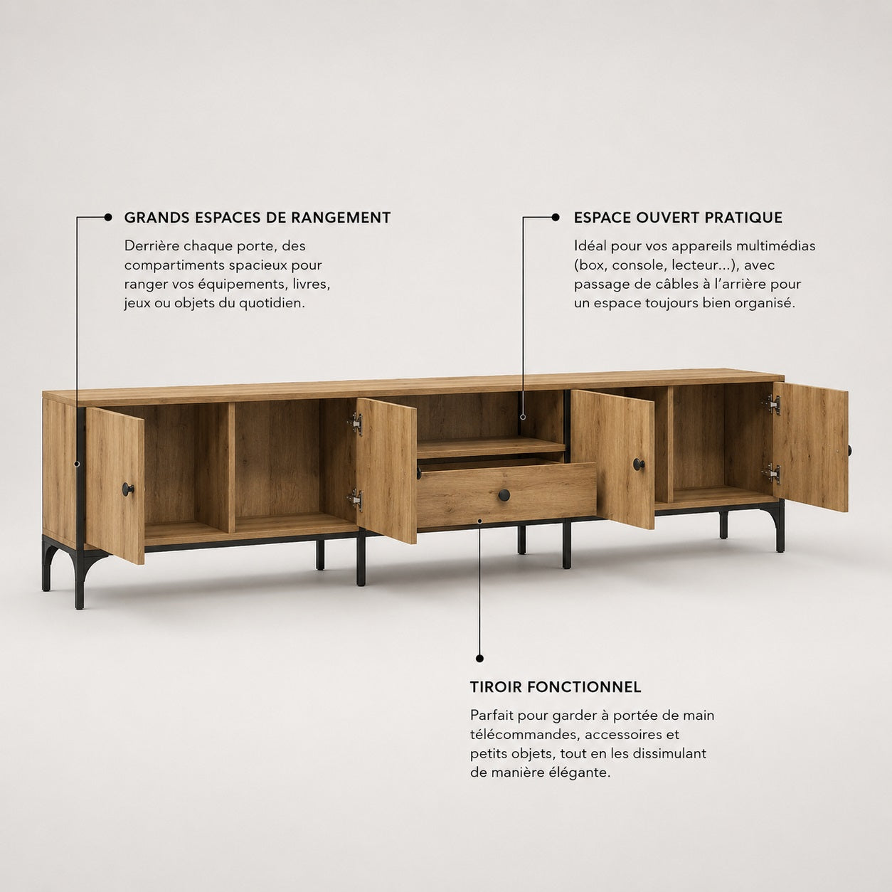 Meuble TV en bois avec rangement, 4 compartiments fermés, niche ouverte et tiroir pratique