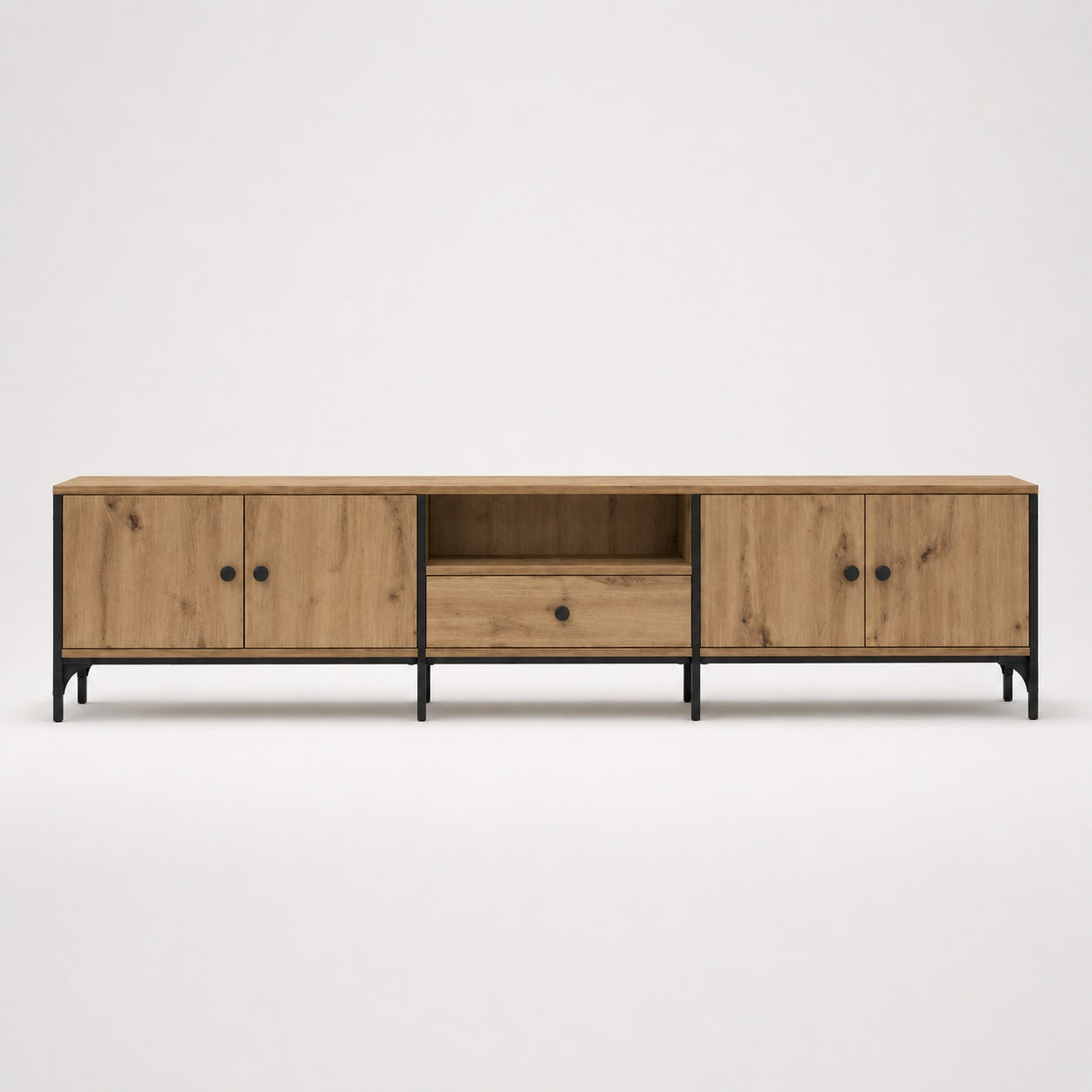 Meuble TV en bois avec rangement, façade symétrique avec portes et tiroir central