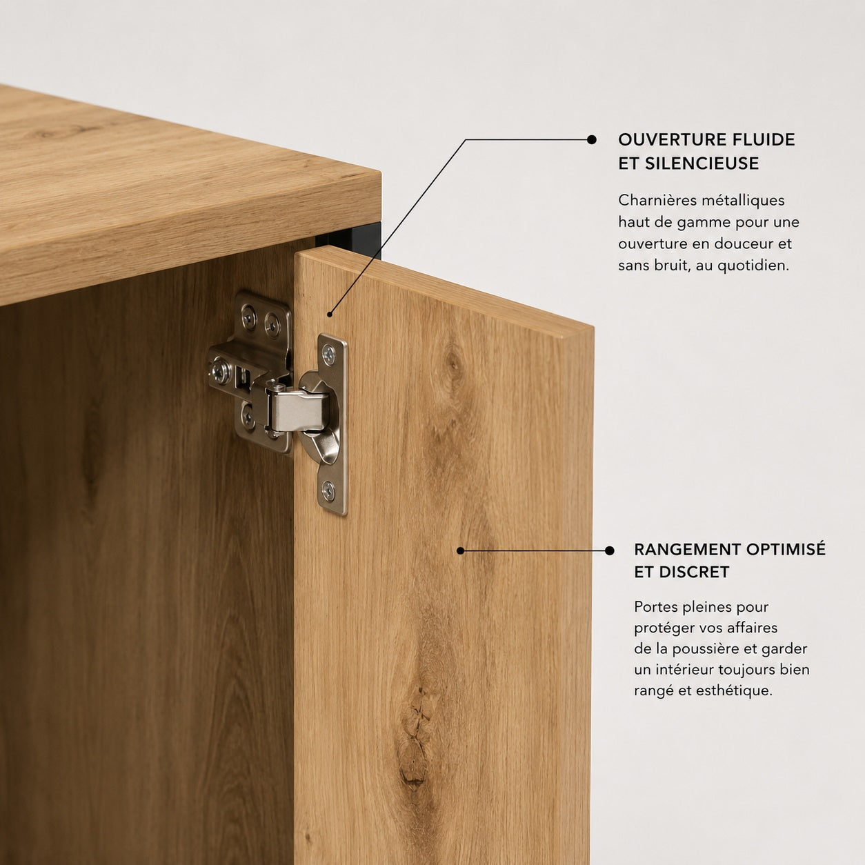 Meuble TV en bois avec rangement, portes à fermeture douce et espace de stockage optimisé