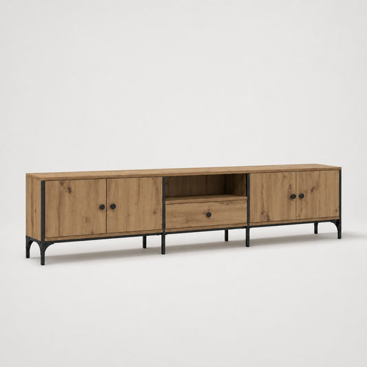 Meuble TV en bois avec rangement, finition chêne artisanal et structure métal noire industrielle