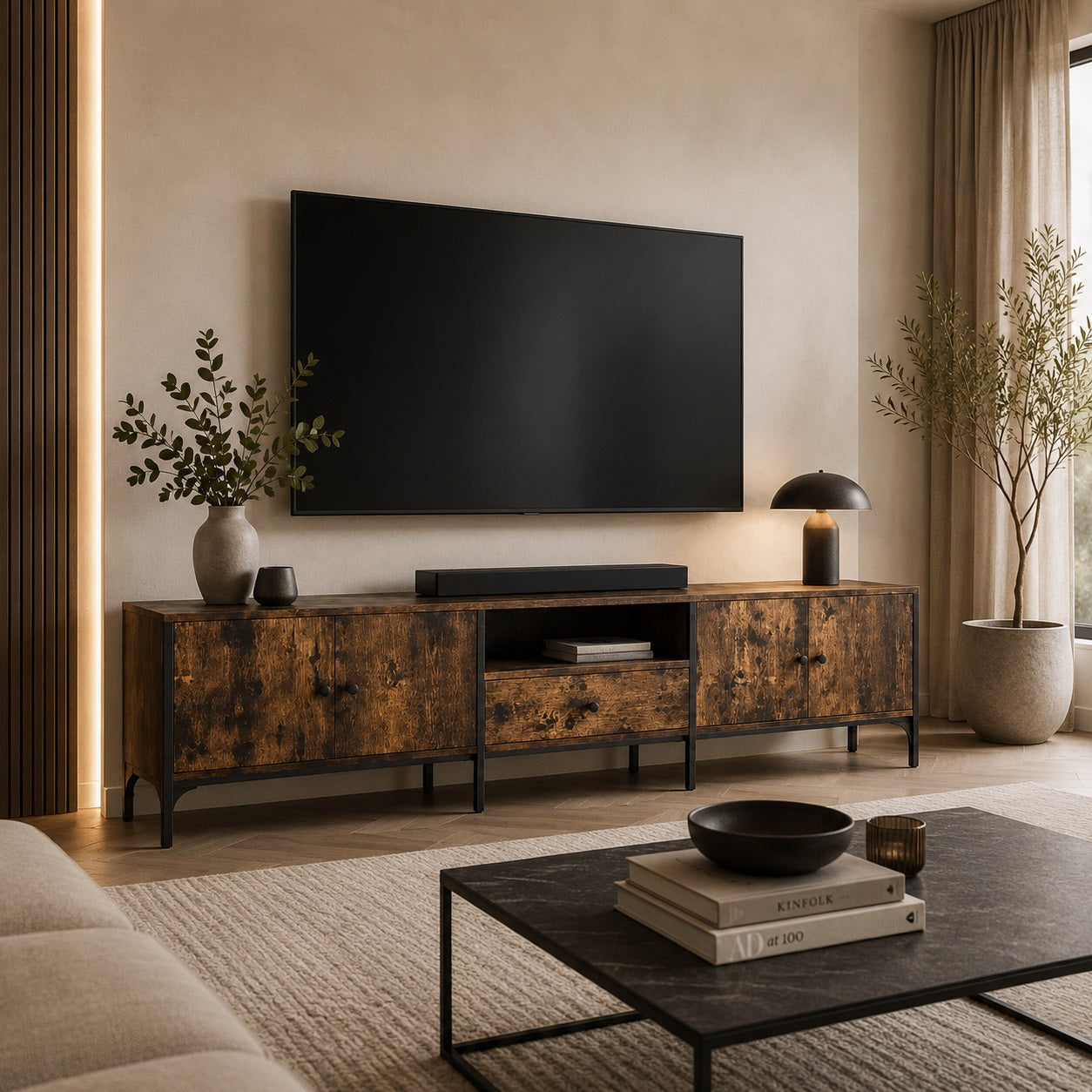 Meuble TV en bois avec rangement chêne fumé dans un salon moderne et élégant