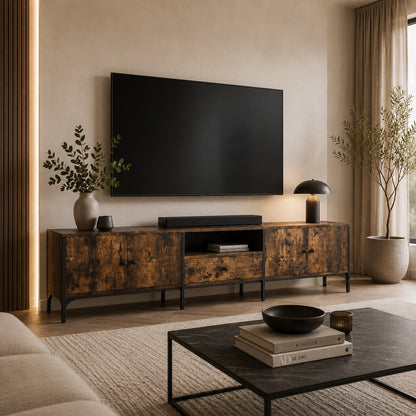 Meuble TV en bois avec rangement chêne fumé dans un salon moderne et élégant