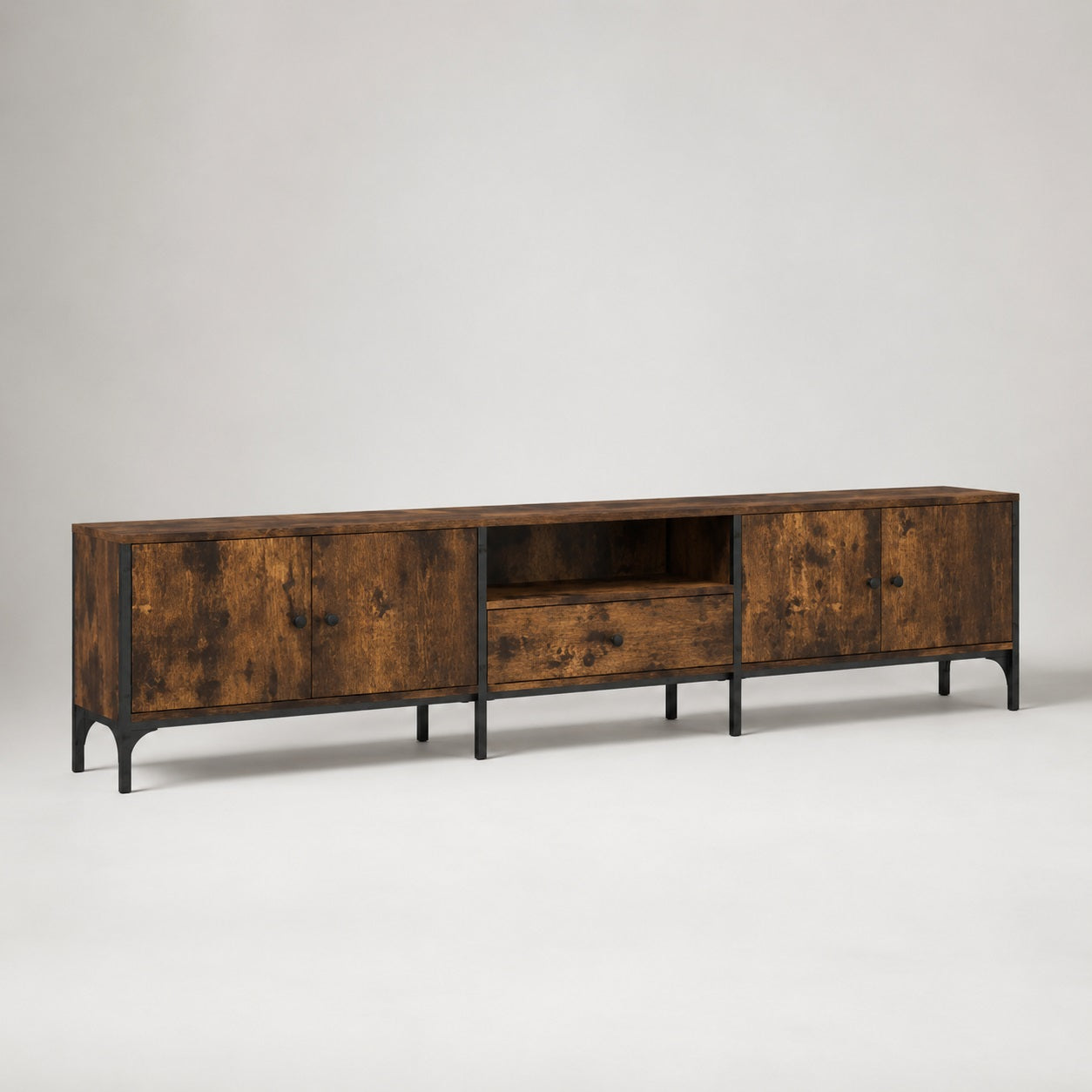 Meuble TV en bois avec rangement finition chêne fumé et structure métal noire industrielle