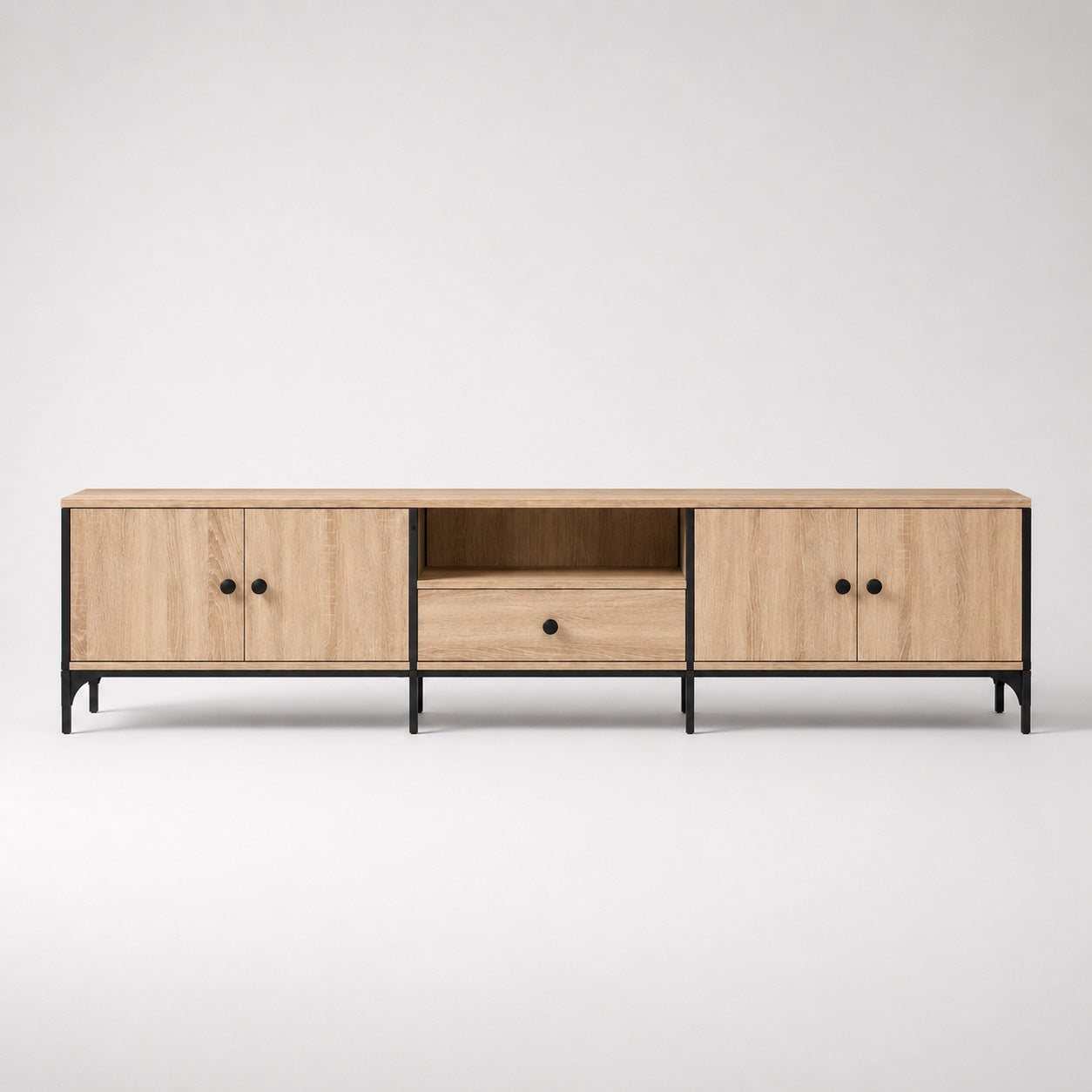 Meuble TV en bois avec rangement, portes latérales et niche ouverte en chêne sonoma
